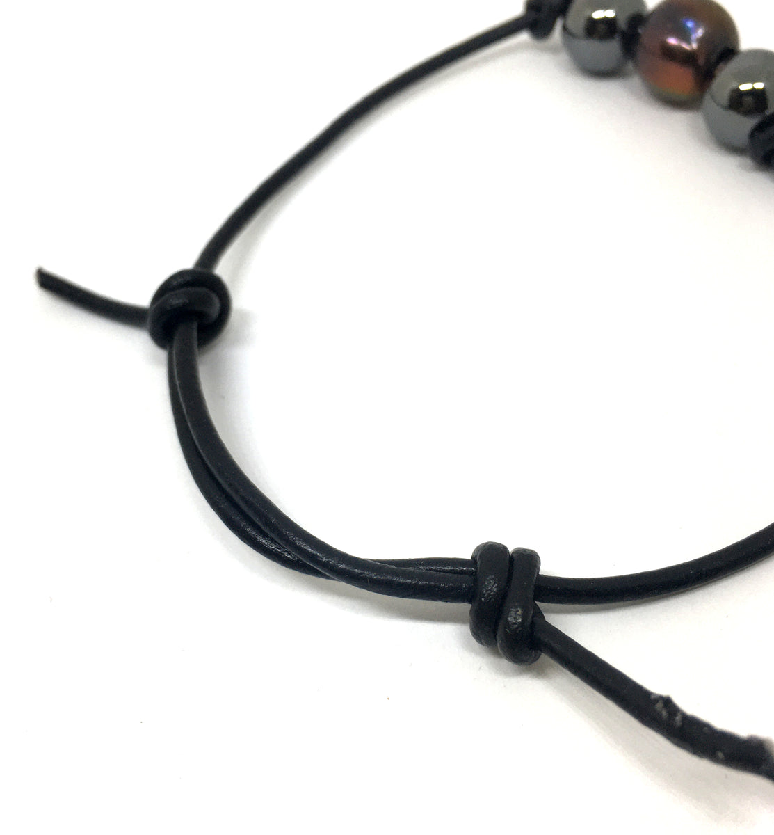 Black Peacock Pearl and Hematite Adjustable Knotted Leather