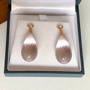 Rose Amethyst Briolette Drop Earrings in 14K Rose Gold with Lab-Created Diamond