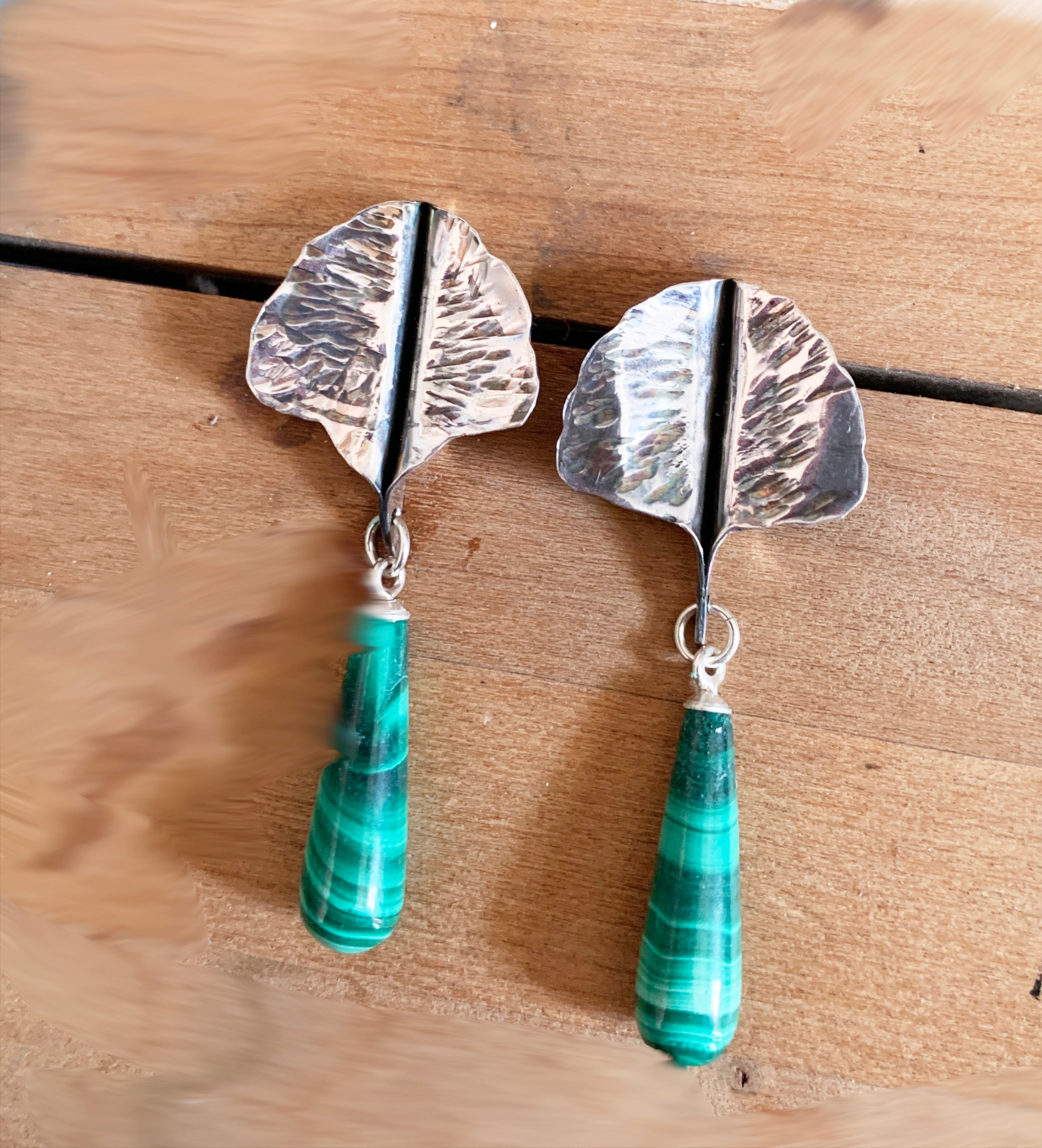 Malachite Drop Earrings with Sterling Silver Ginkgo Leaves