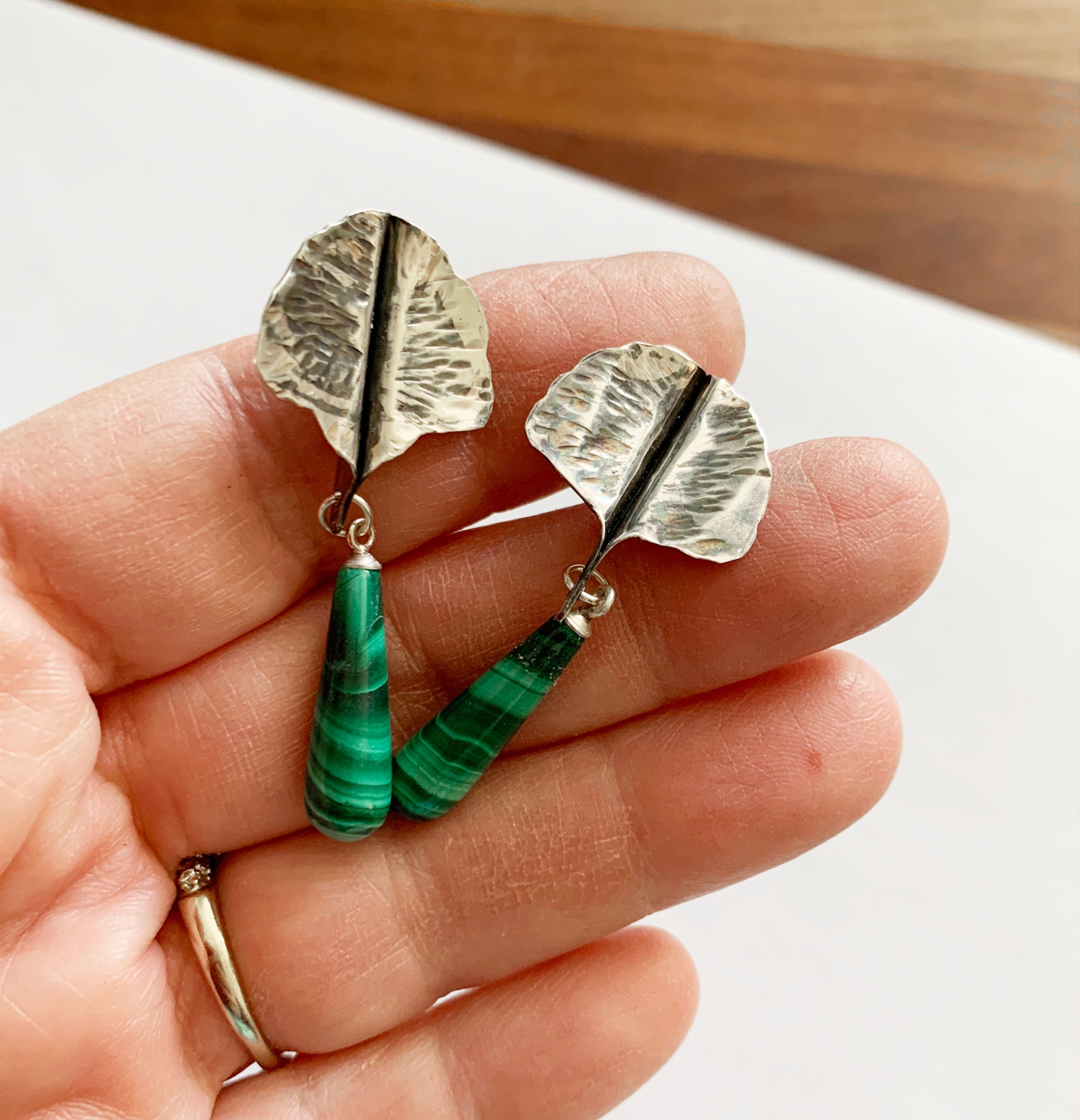 Malachite Drop Earrings with Sterling Silver Ginkgo Leaves