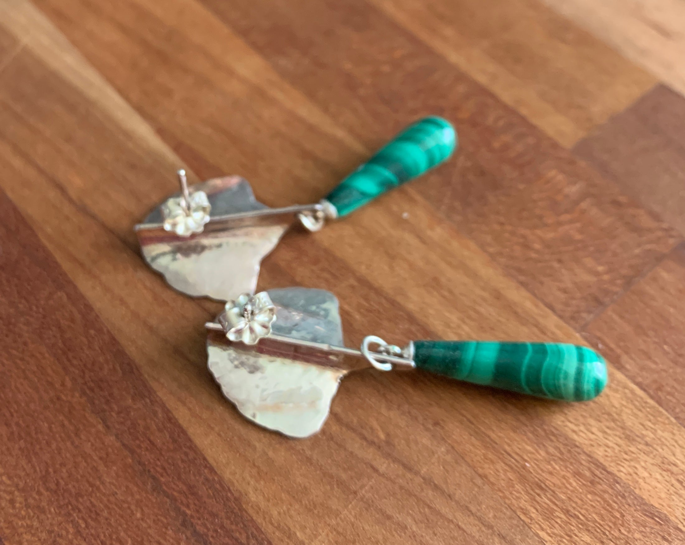 Malachite Drop Earrings with Sterling Silver Ginkgo Leaves