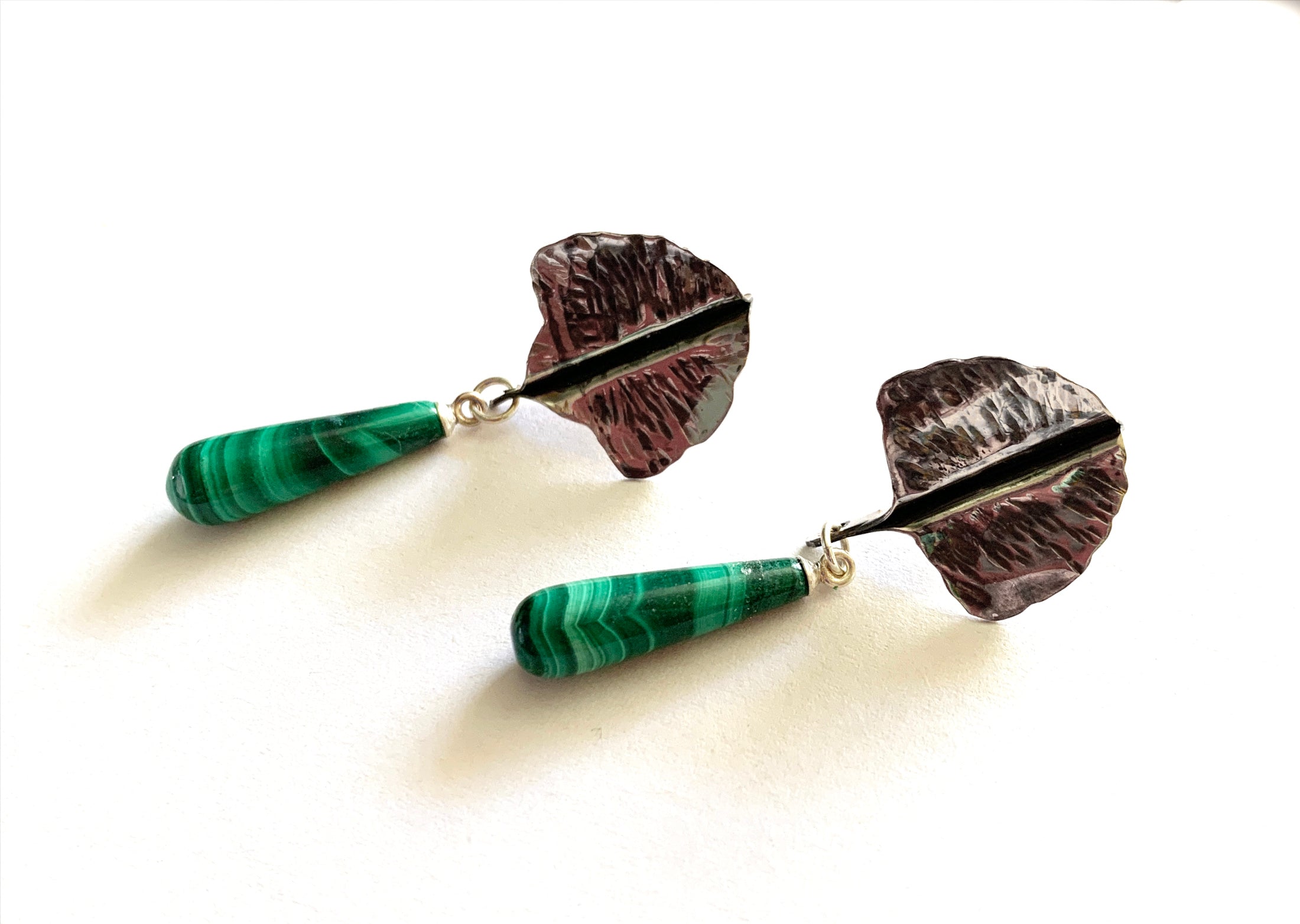 Malachite Drop Earrings with Sterling Silver Ginkgo Leaves