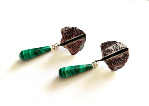 Malachite Drop Earrings with Sterling Silver Ginkgo Leaves