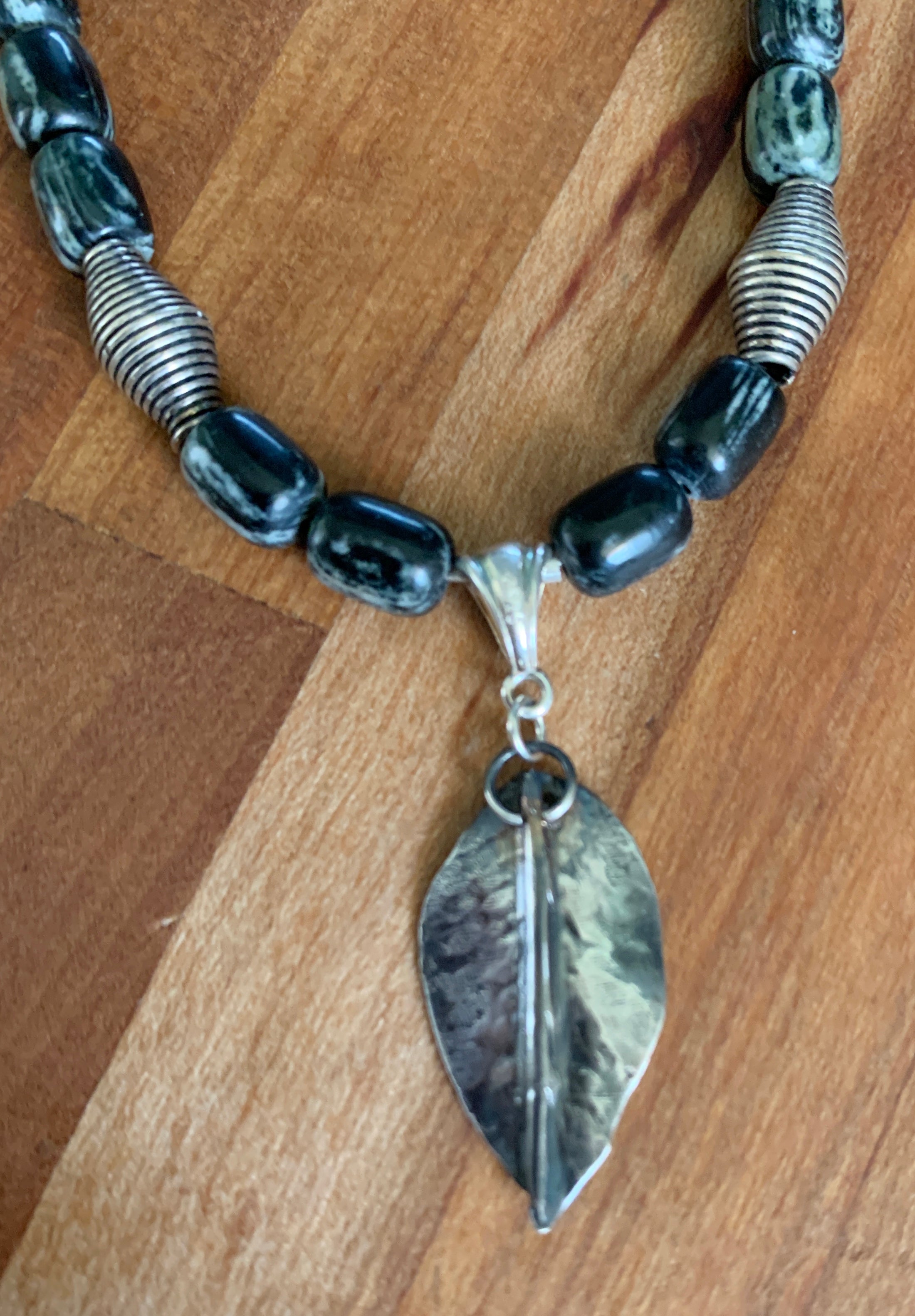 Silver Mist Jasper Necklace with Handforged Sterling Silver Leaf Pendant