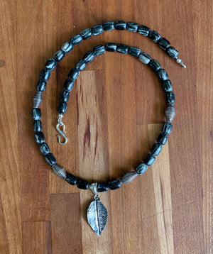 Silver Mist Jasper Necklace with Handforged Sterling Silver Leaf Pendant