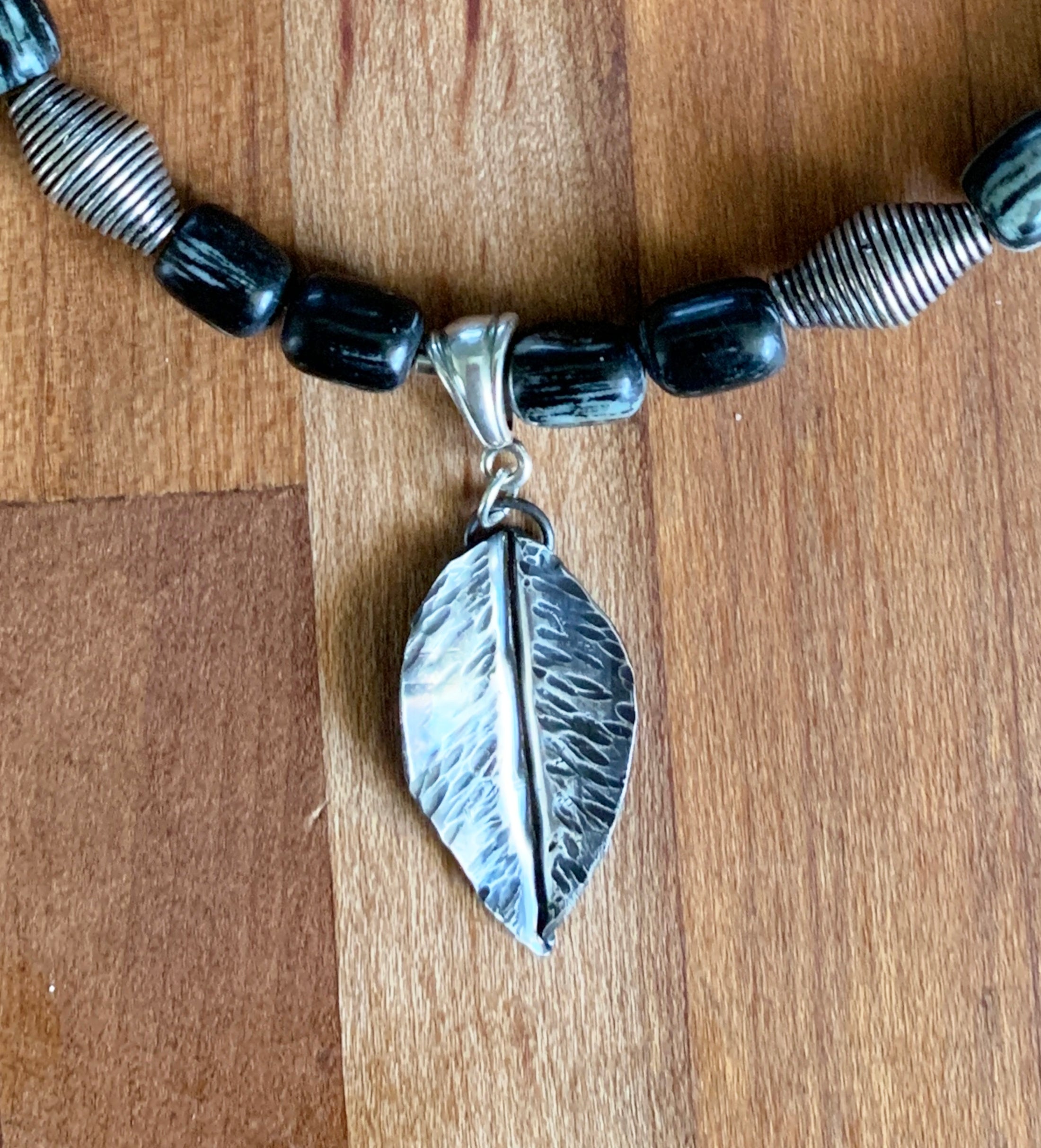 Silver Mist Jasper Necklace with Handforged Sterling Silver Leaf Pendant