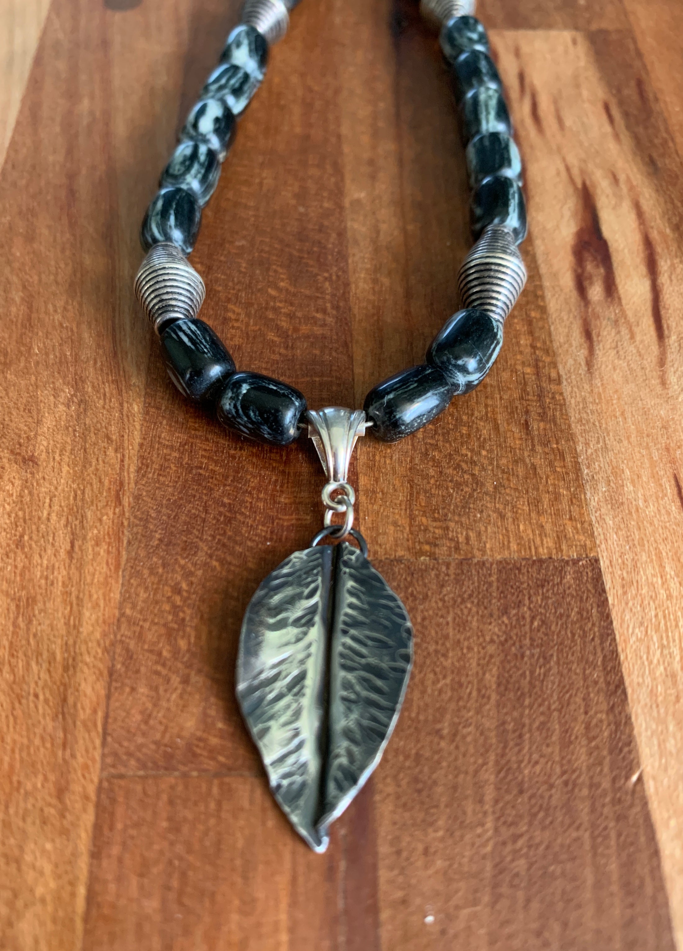 Silver Mist Jasper Necklace with Handforged Sterling Silver Leaf Pendant