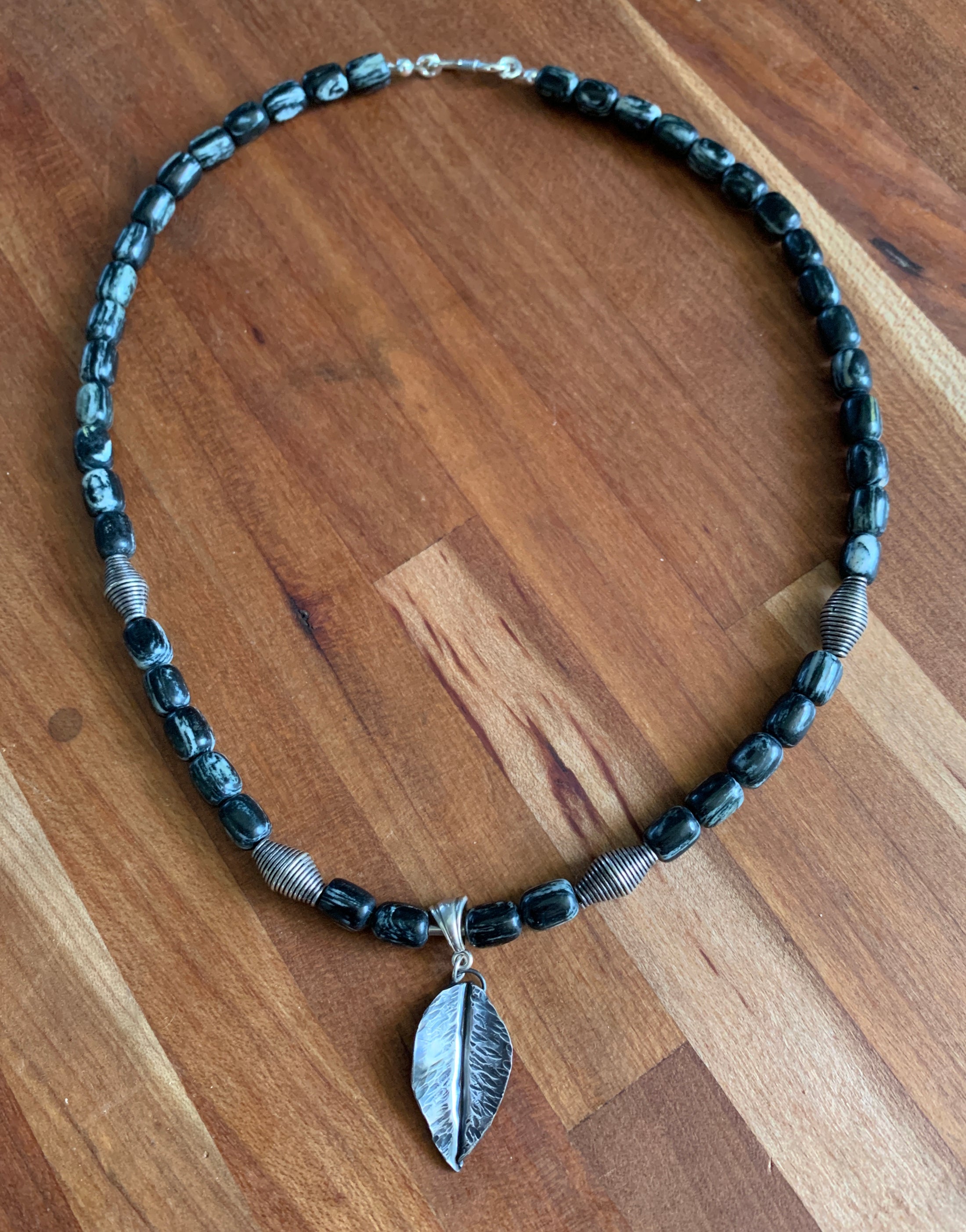 Silver Mist Jasper Necklace with Handforged Sterling Silver Leaf Pendant