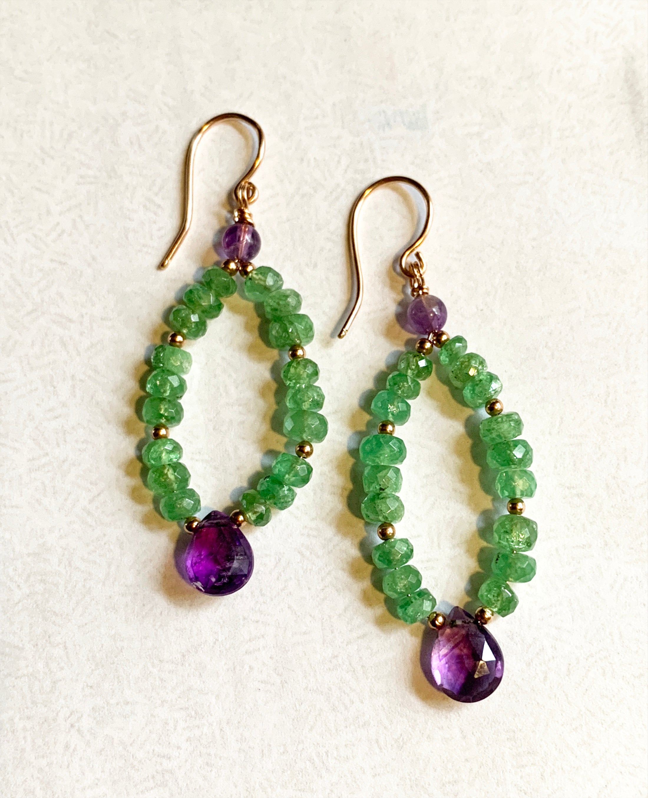 Tsavorite Garnet and Amethyst Drop Hoop Earrings in Rose Gold Filled Silver