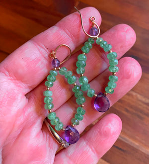 Tsavorite Garnet and Amethyst Drop Hoop Earrings in Rose Gold Filled Silver