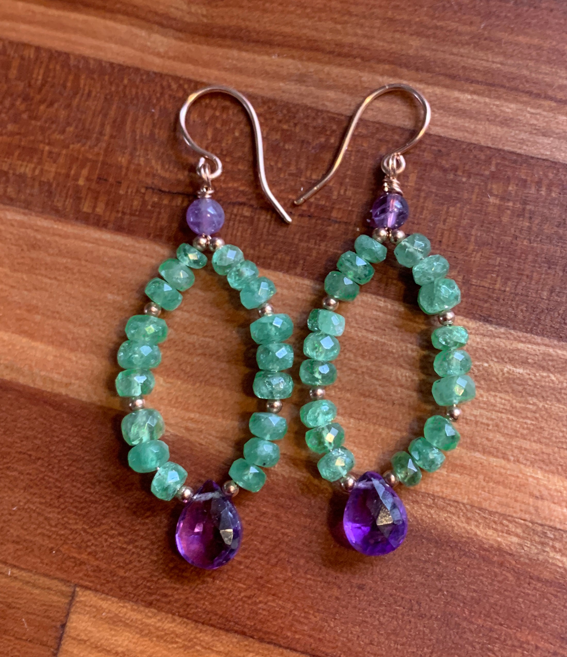 Tsavorite Garnet and Amethyst Drop Hoop Earrings in Rose Gold Filled Silver