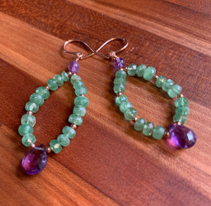 Tsavorite Garnet and Amethyst Drop Hoop Earrings in Rose Gold Filled Silver