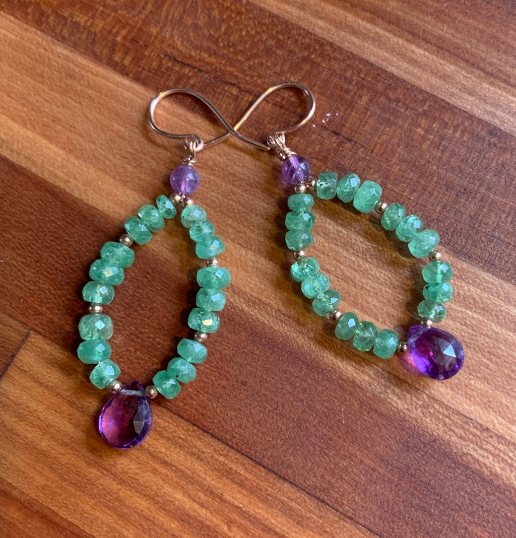 Tsavorite Garnet and Amethyst Drop Hoop Earrings in Rose Gold Filled Silver