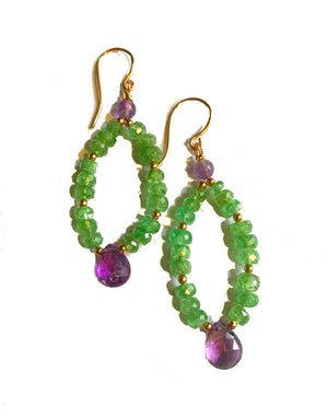 Tsavorite Garnet and Amethyst Drop Hoop Earrings in Rose Gold Filled Silver