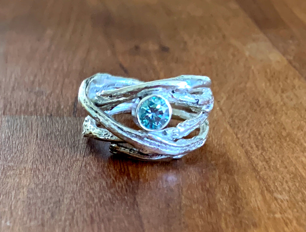 Olive Twig Ring with Blue Moissanite