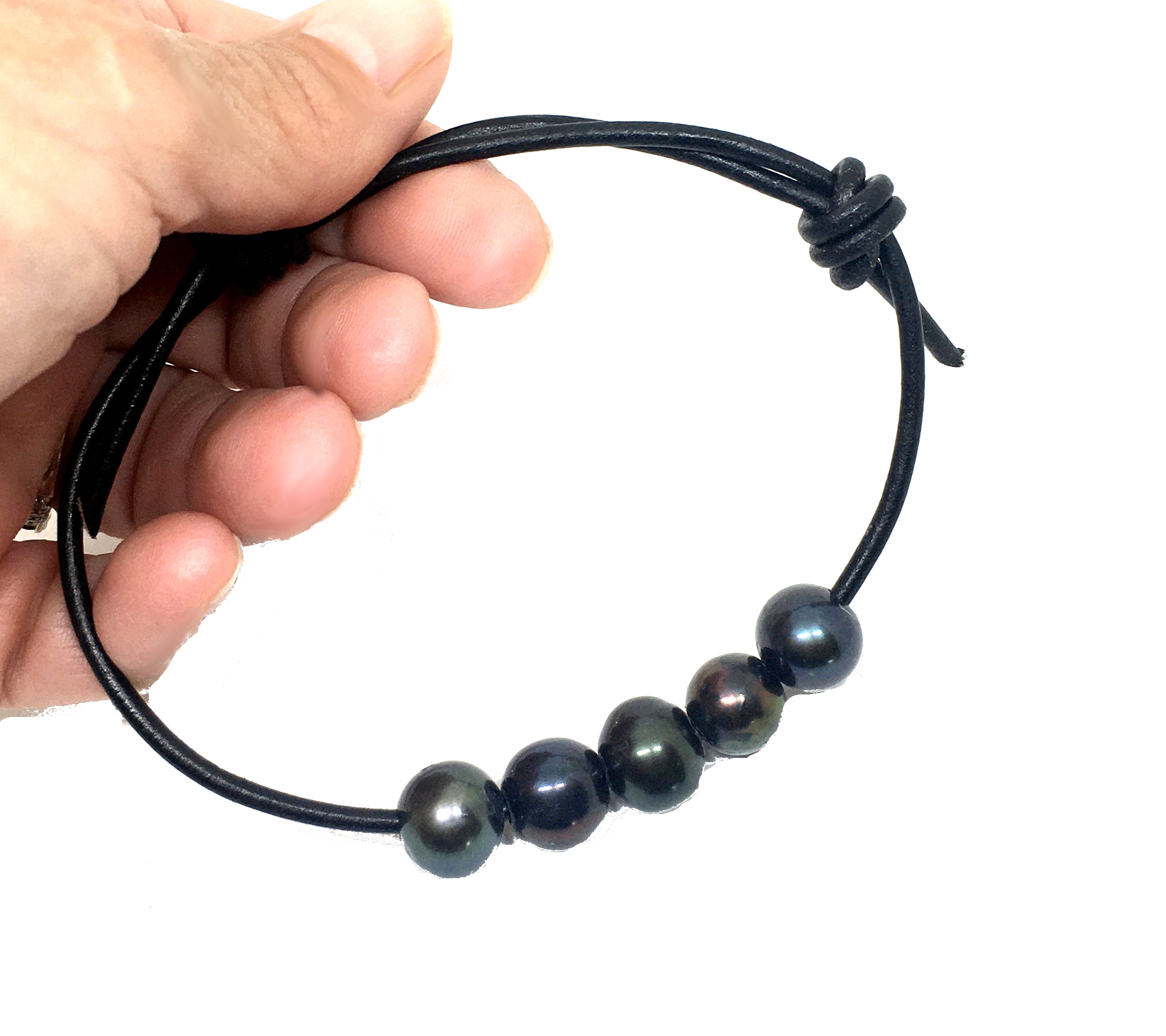 1933 by Esquire Men's Black Leather & Freshwater Cultured Pearl Bracelet  Sterling Silver 8.75