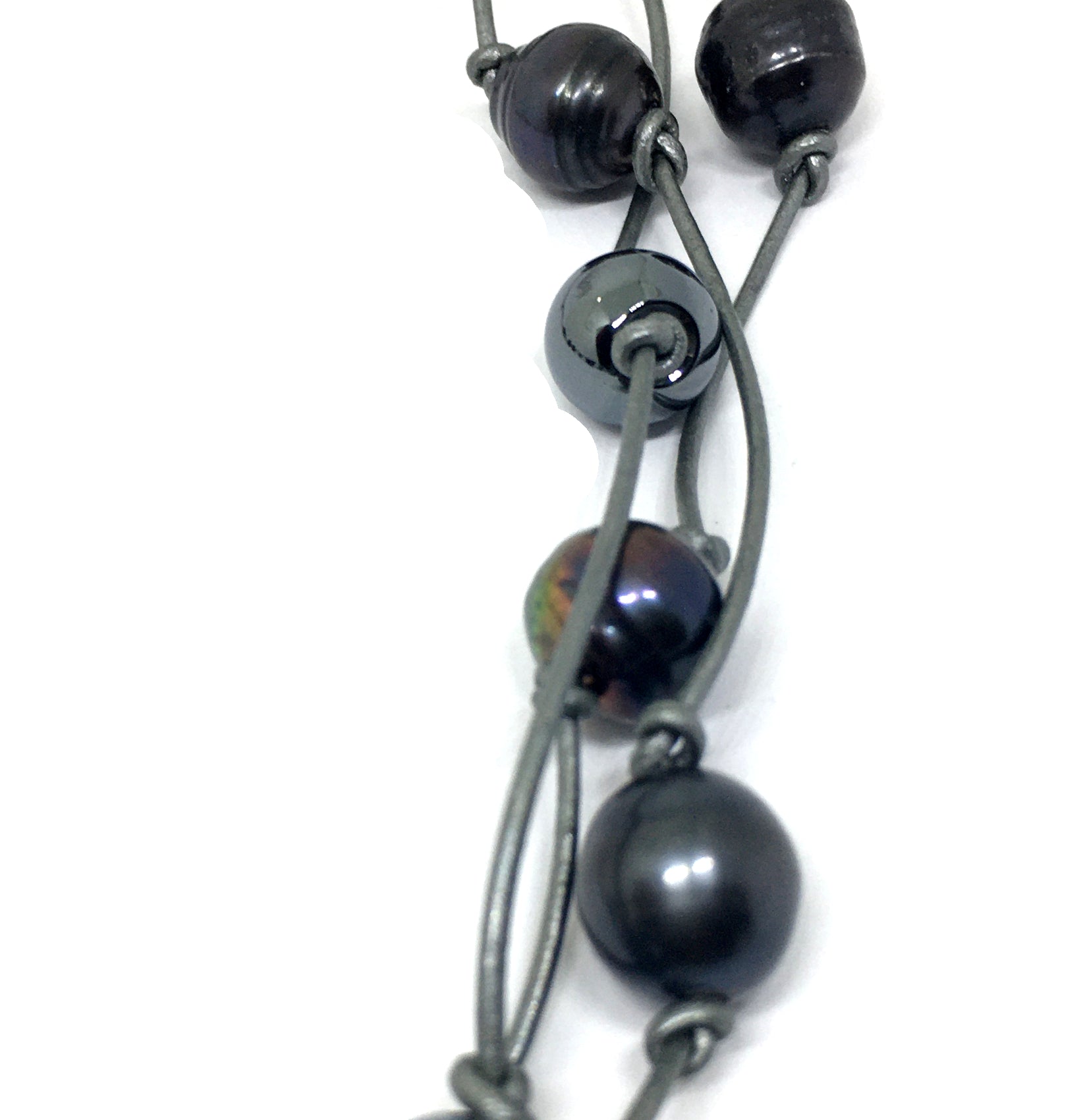Black Peacock Pearl and Hematite Adjustable Knotted Leather