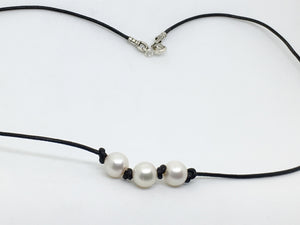 Triple Cultured White Pearl Leather Knotted Necklace